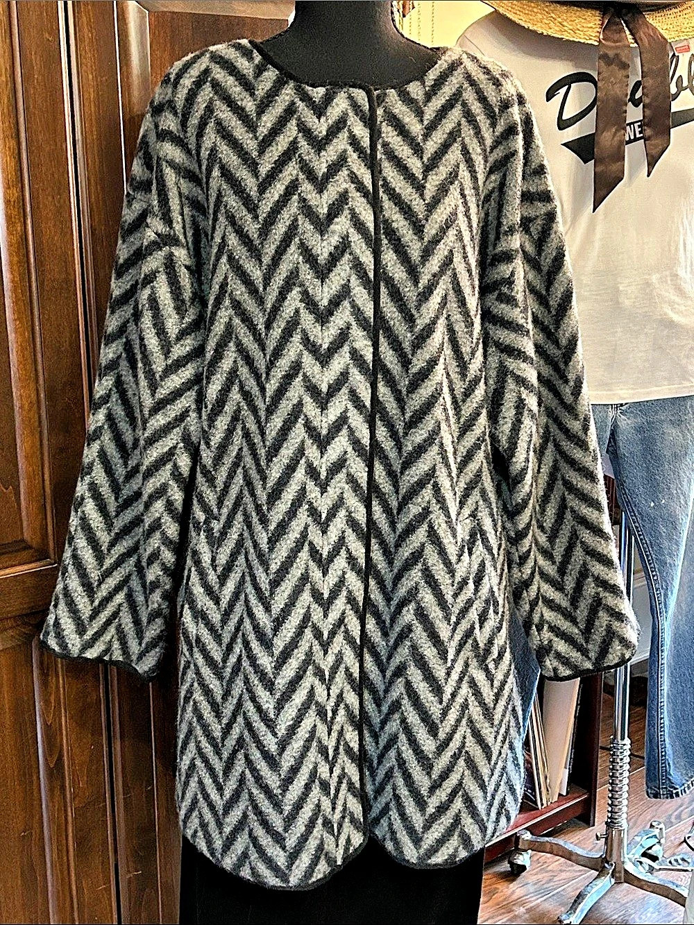 Talbots Gray & Black Chevron Wool Blend Zip Front Jacket Sz XL